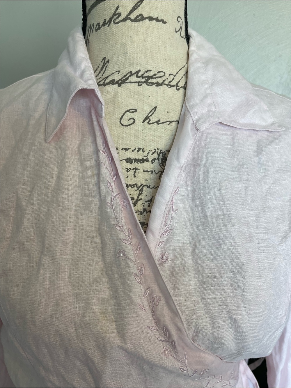 Silkland Pink Linen Wrap Blouse Embroidered Tie Waist Top Women’s L - Picture 3 of 7